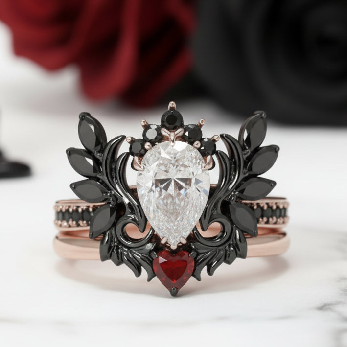 Angel's Wings- 14k White Gold Pear Cut and Red Heart Diamond Option Gothic Promise Ring