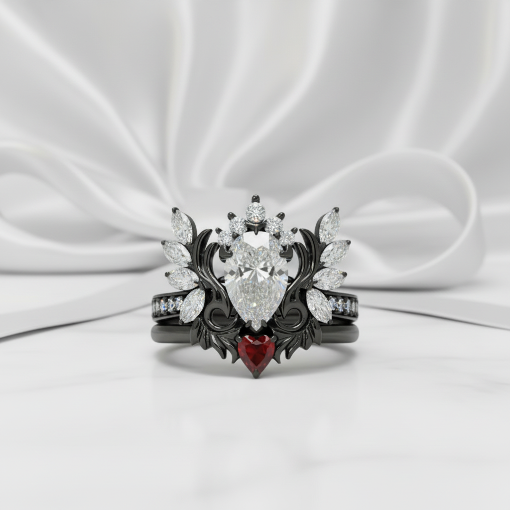 Angel's Wings- 14k White Gold Pear Cut and Red Heart Diamond Option Gothic Promise Ring