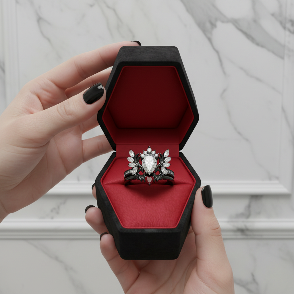 Angel's Wings- 14k White Gold Pear Cut and Red Heart Diamond Option Gothic Promise Ring