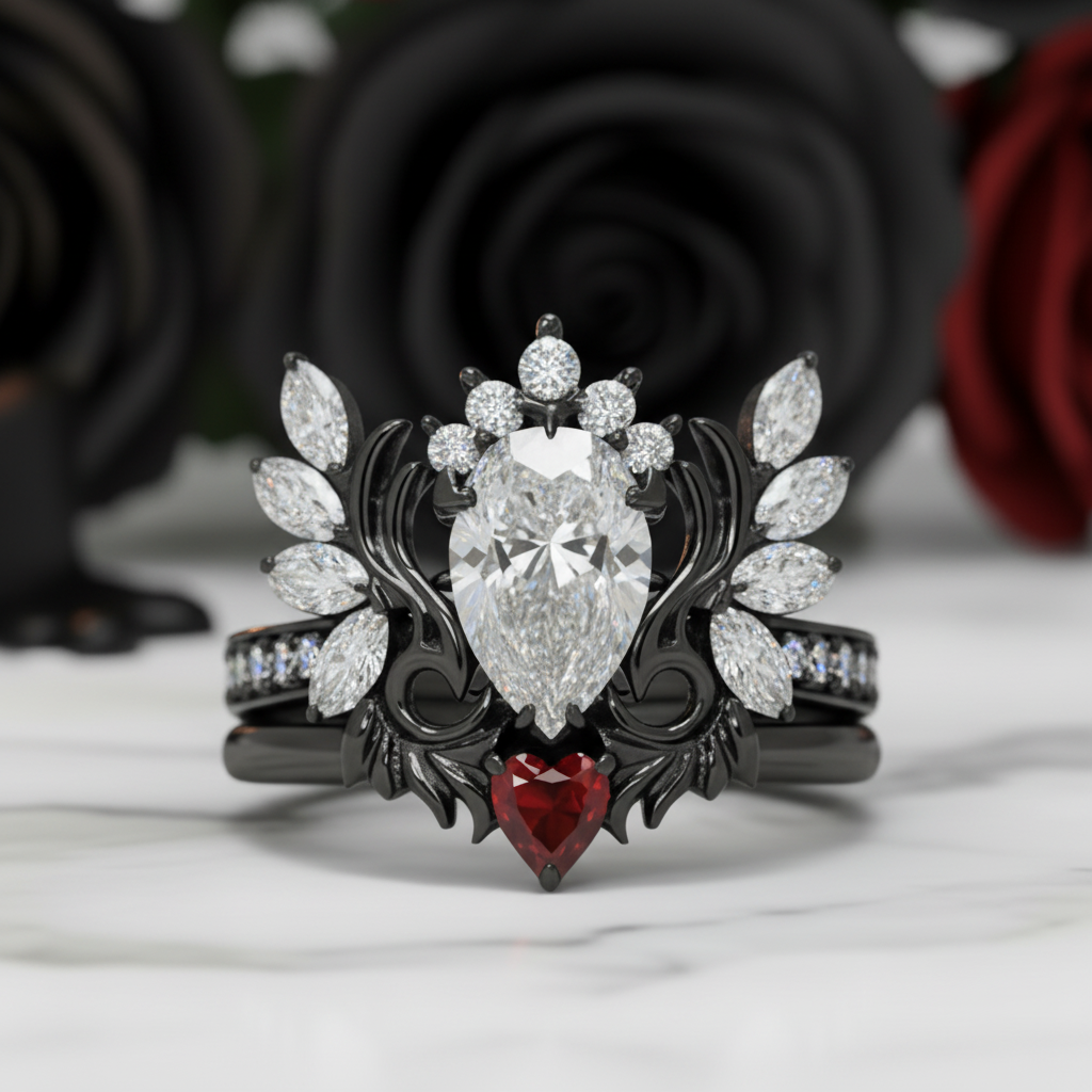 Angel's Wings- 14k White Gold Pear Cut and Red Heart Diamond Option Gothic Promise Ring