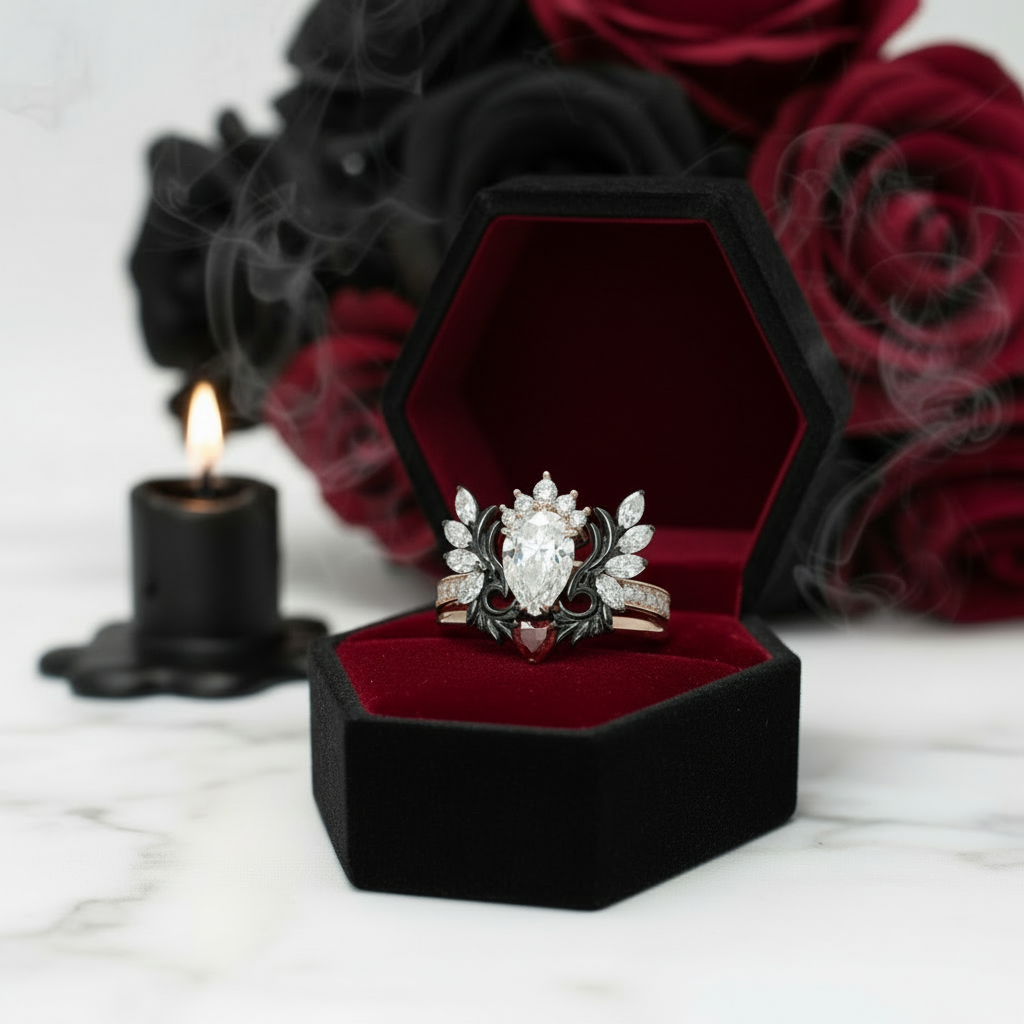Angel's Wings- 14k White Gold Pear Cut and Red Heart Diamond Option Gothic Promise Ring