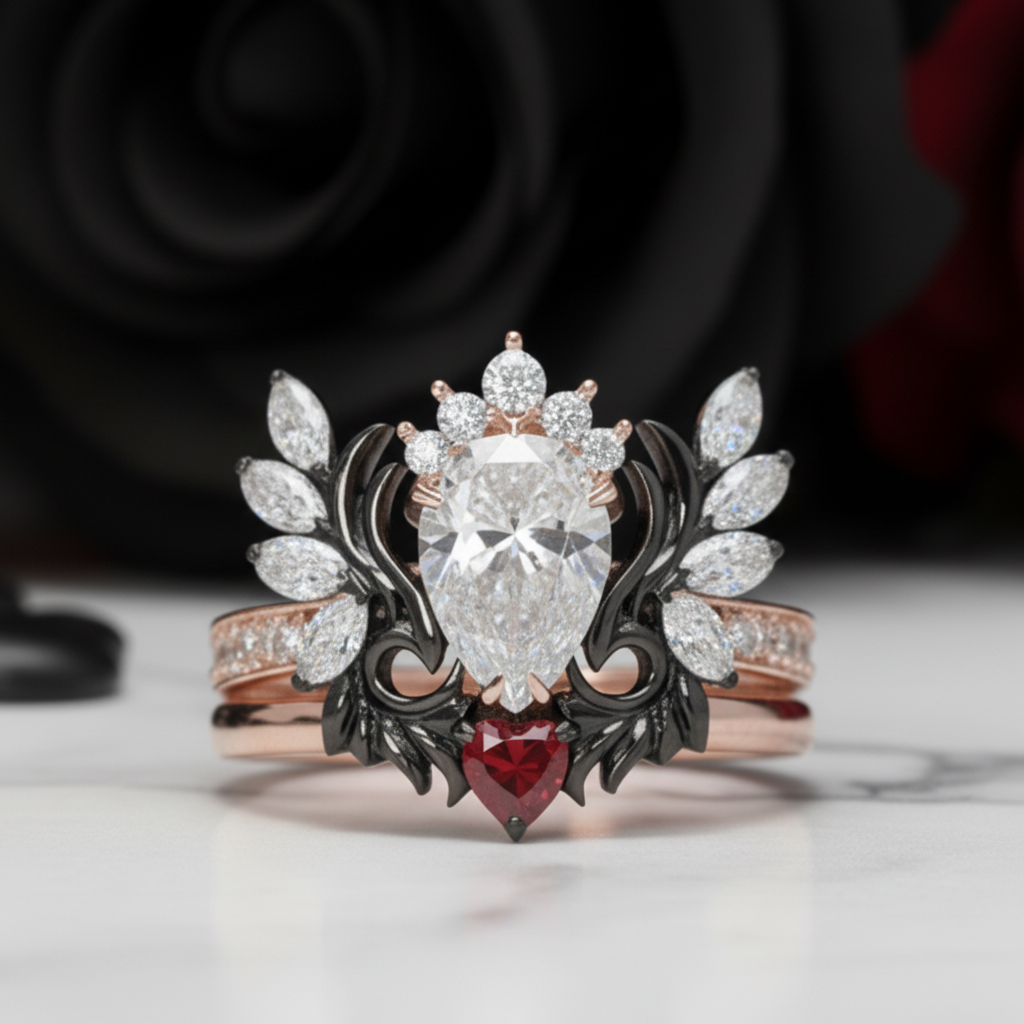 Angel's Wings- 14k White Gold Pear Cut and Red Heart Diamond Option Gothic Promise Ring
