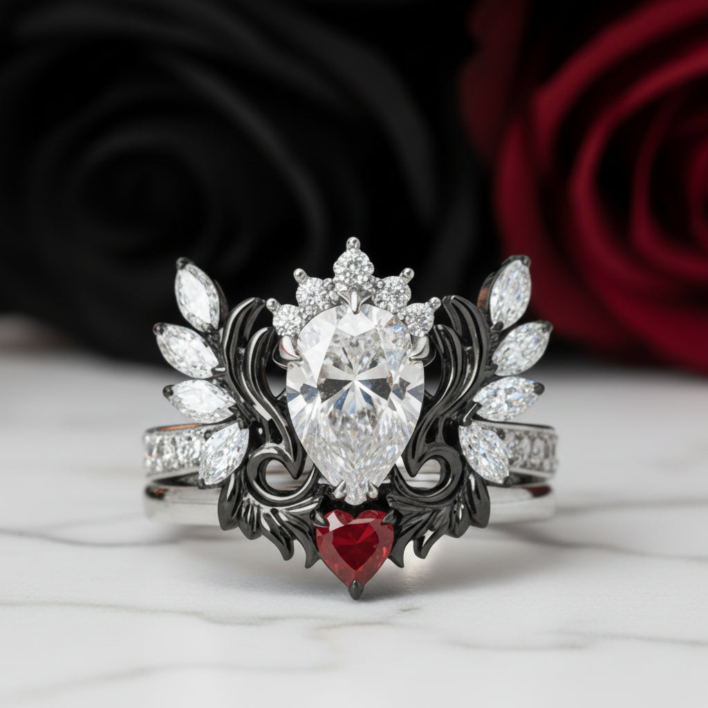 Angel's Wings- 14k White Gold Pear Cut and Red Heart Diamond Option Gothic Promise Ring