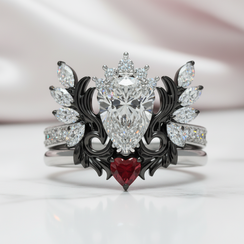 Angel's Wings- 14k White Gold Pear Cut and Red Heart Diamond Option Gothic Promise Ring