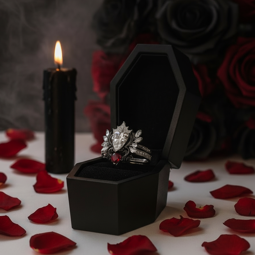 Angel's Wings- 14k White Gold Pear Cut and Red Heart Diamond Option Gothic Promise Ring