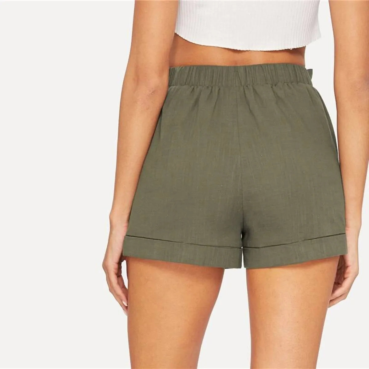 Women's Elastic Waist Belted Army Green Shorts