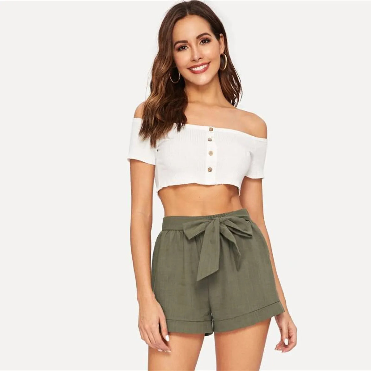 Women's Elastic Waist Belted Army Green Shorts