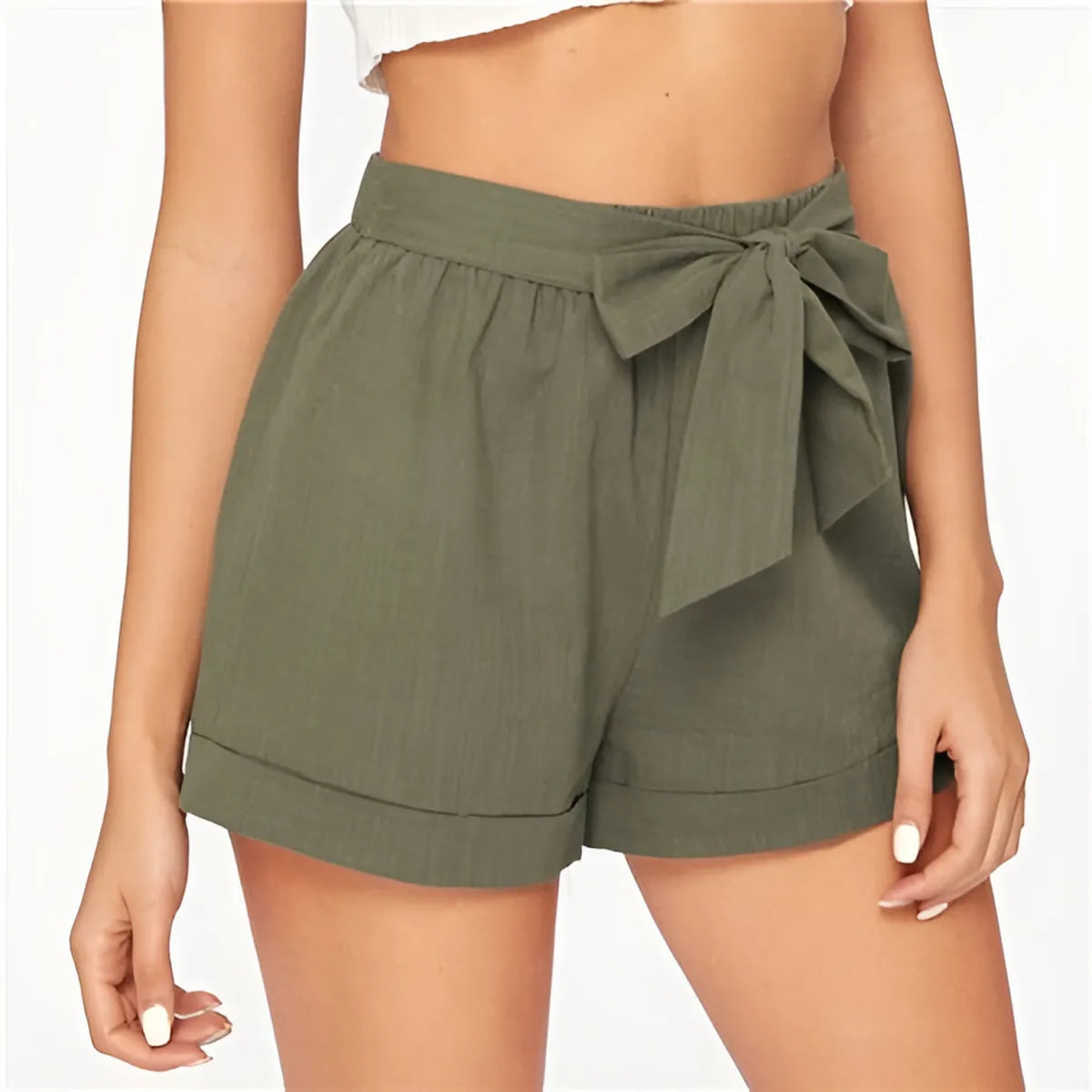 Women's Elastic Waist Belted Army Green Shorts