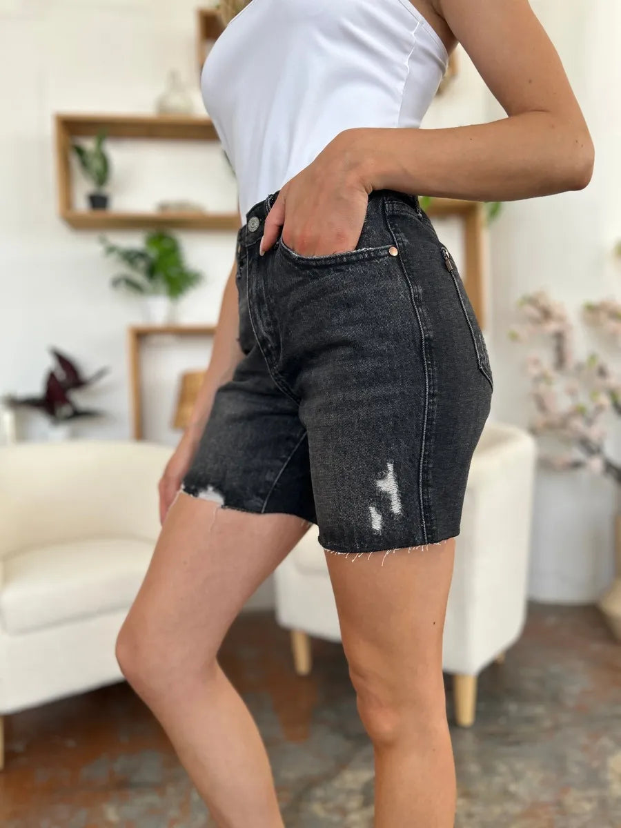 Judy Blue high waist rigid magic denim shorts – side profile showing length and fit