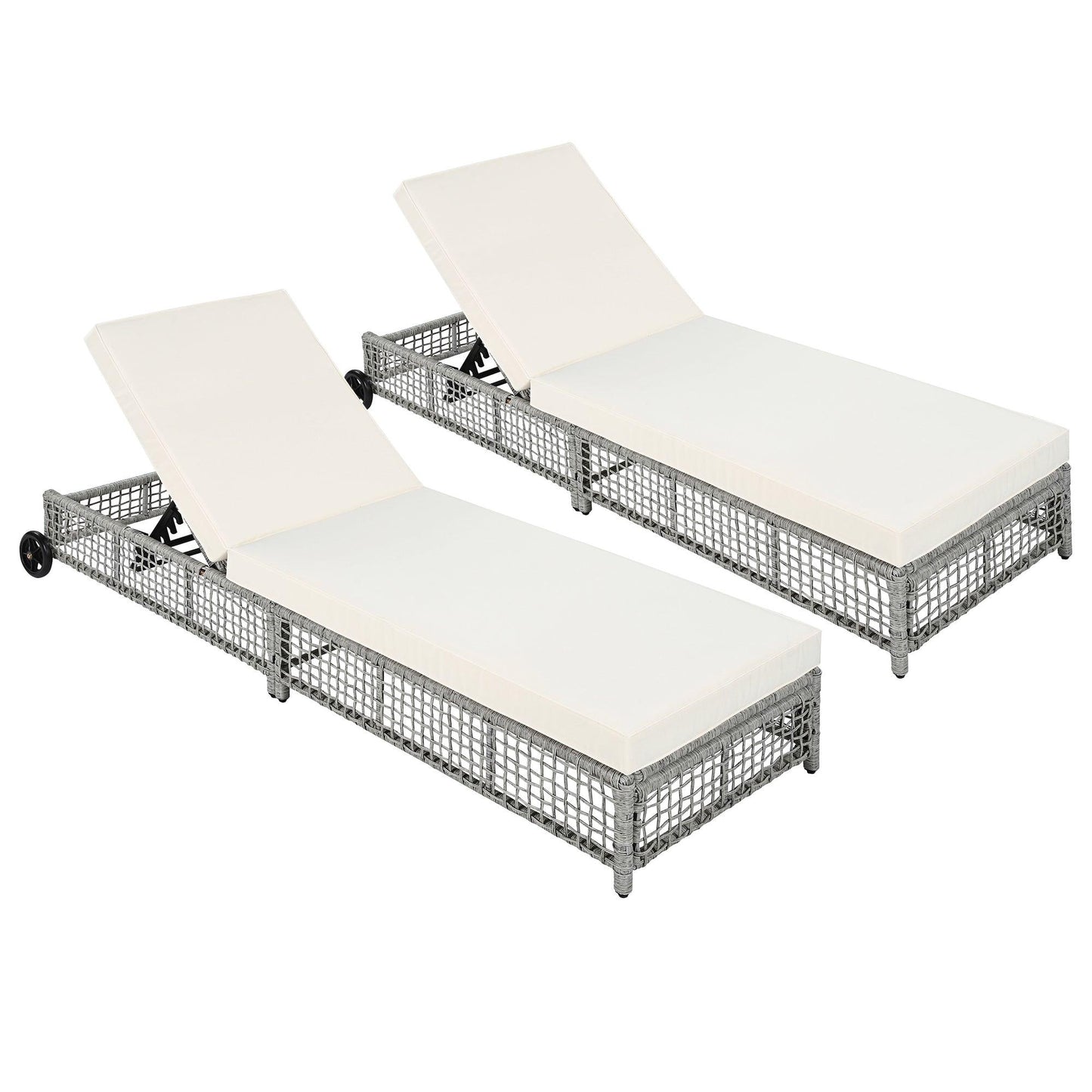 Outdoor Lounge Chair, Patio Chaise Lounge with 5-Position Backrest, Rattan Outdoor Lounge Chair with Cushion and Wheels for Poolside, Backyard, Garden