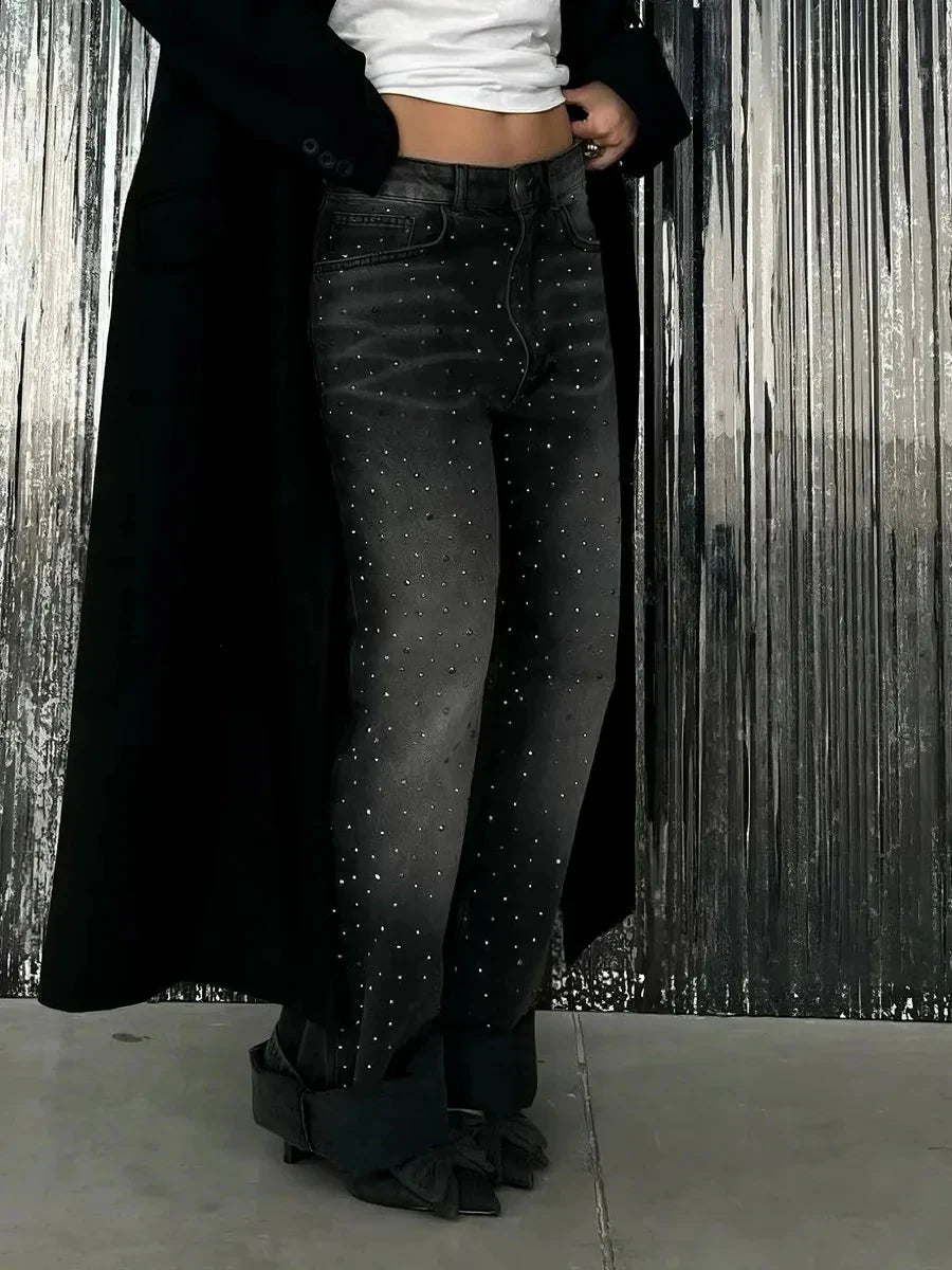 'Diamond Glaze' Shinning Rhinestone Oversized Denim Pants