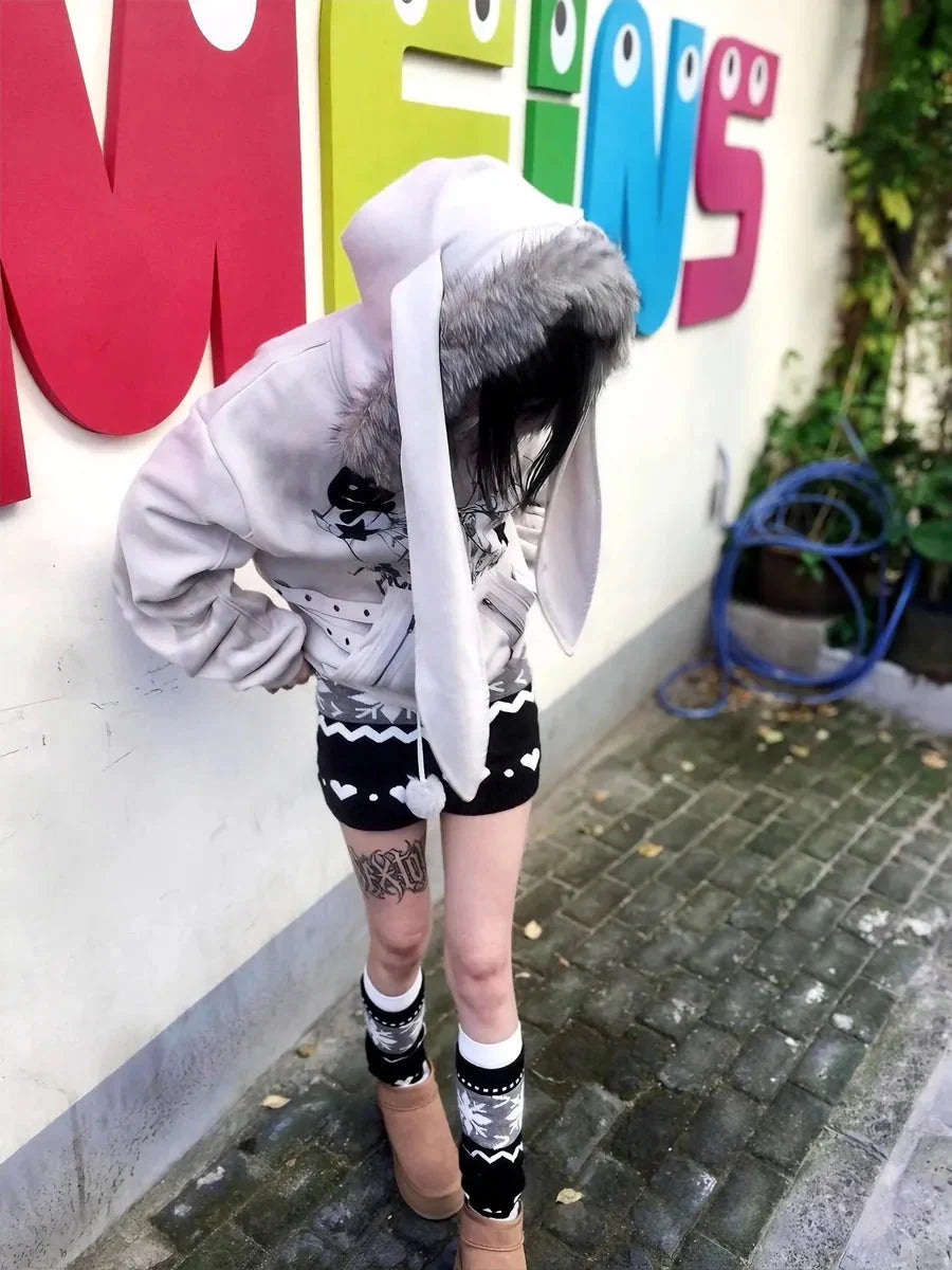 'Basement Rabbit ' Punk Harajuku Fluffy Hood Bunny Ears Hoodie
