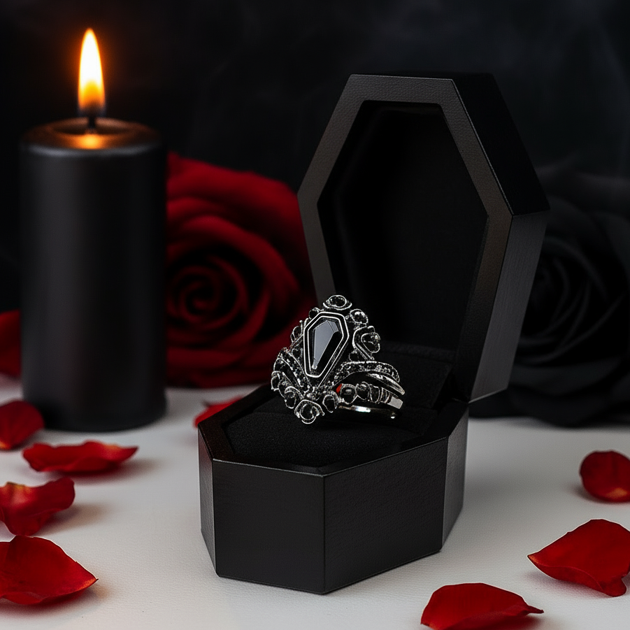 Gothic Romance Wedding Rings- Coffin Cut Diamond Option with Black Roses in 14k White Gold Band with Thorns