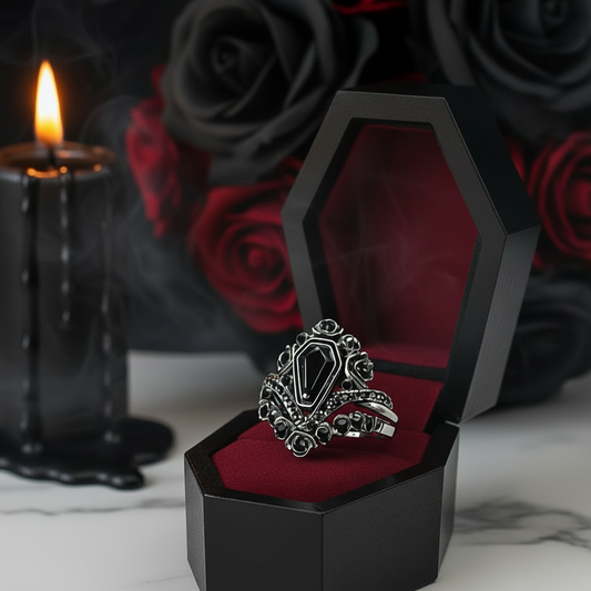 Gothic Romance Wedding Rings- Coffin Cut Diamond Option with Black Roses in 14k White Gold Band with Thorns
