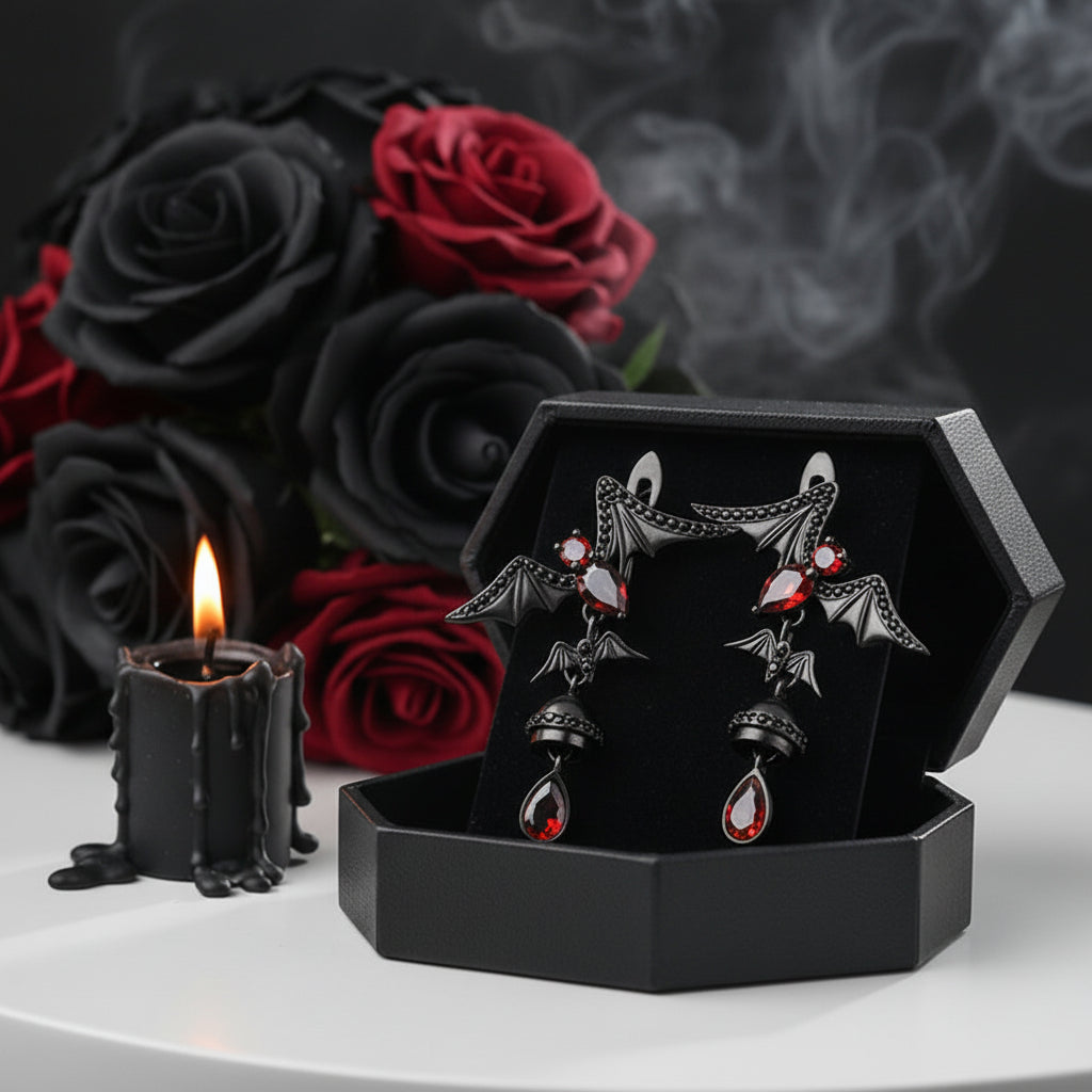 Bat Shaped Garnet Vintage Gothic Punk Earrings