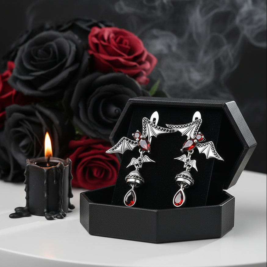 Bat Shaped Natural Garnet Vintage Gothic Punk Earrings