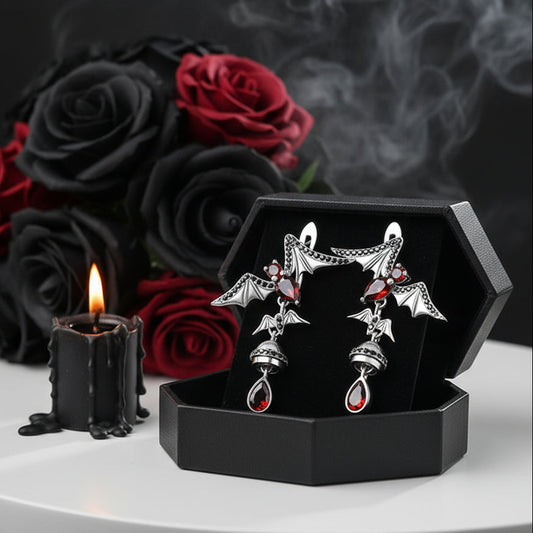 Bat Shaped Natural Garnet Vintage Gothic Punk Earrings
