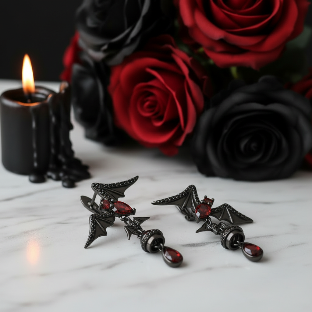 Bat Shaped Garnet Vintage Gothic Punk Earrings