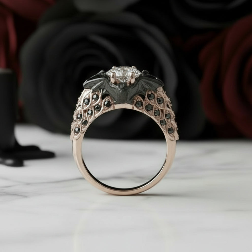 Bat's Kiss Promise Ring- 1.5 Ct Round and Coffin Cut Diamond Option Gothic Ring