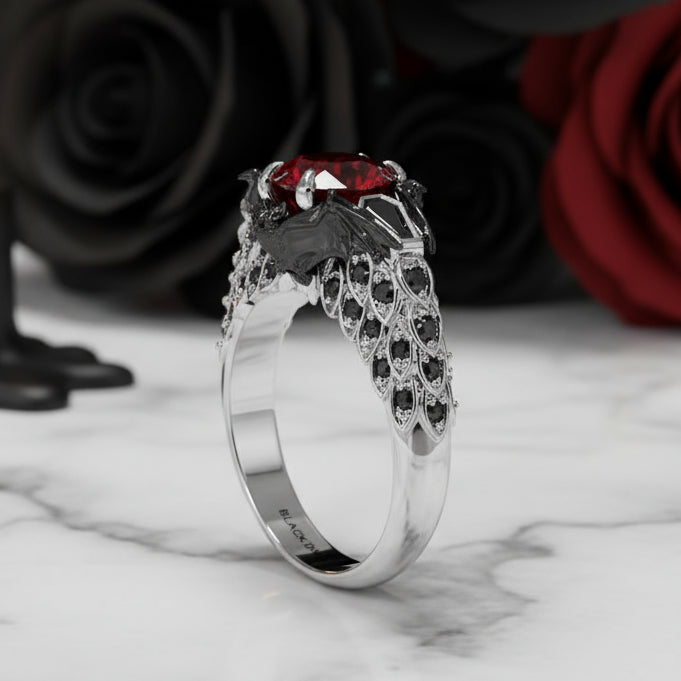 Bat's Kiss Promise Ring- 1.5 Ct Round and Coffin Cut Diamond Option Gothic Ring