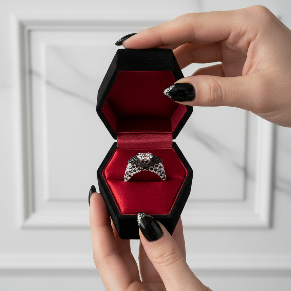 Bat's Kiss Promise Ring- 1.5 Ct Round and Coffin Cut Diamond Option Gothic Ring