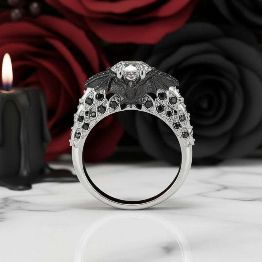 Bat's Kiss Promise Ring- 1.5 Ct Round and Coffin Cut Diamond Option Gothic Ring