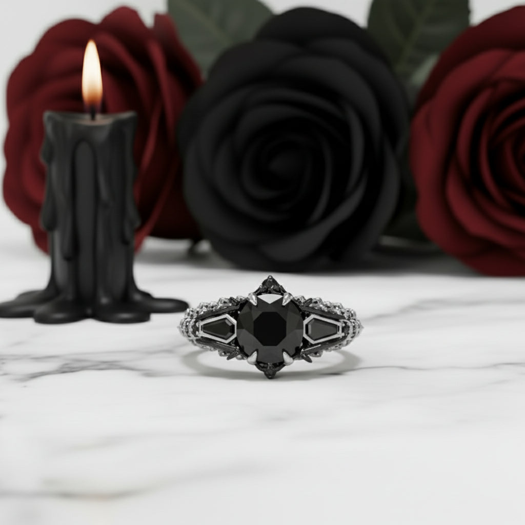 Bat's Kiss Promise Ring- 1.5 Ct Round and Coffin Cut Diamond Option Gothic Ring