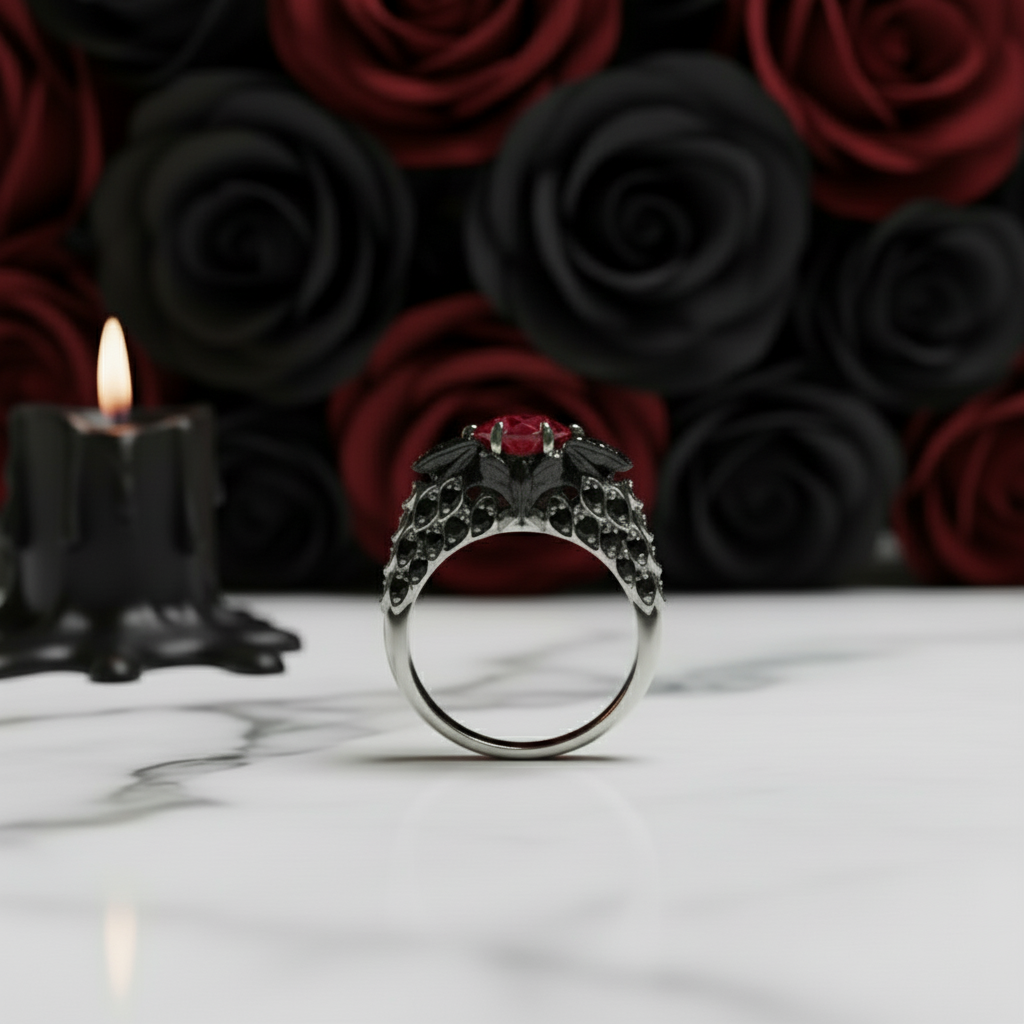Bat's Kiss Promise Ring- 1.5 Ct Round and Coffin Cut Diamond Option Gothic Ring