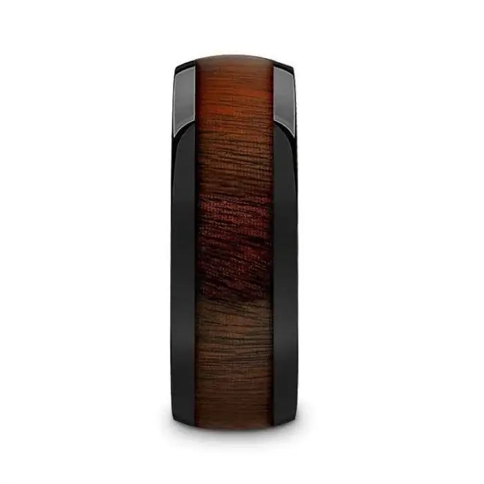 ROSAE Black Ceramic Domed Profile Polished Finish Men’s Wedding Band with Rose Wood Inlay - 8mm