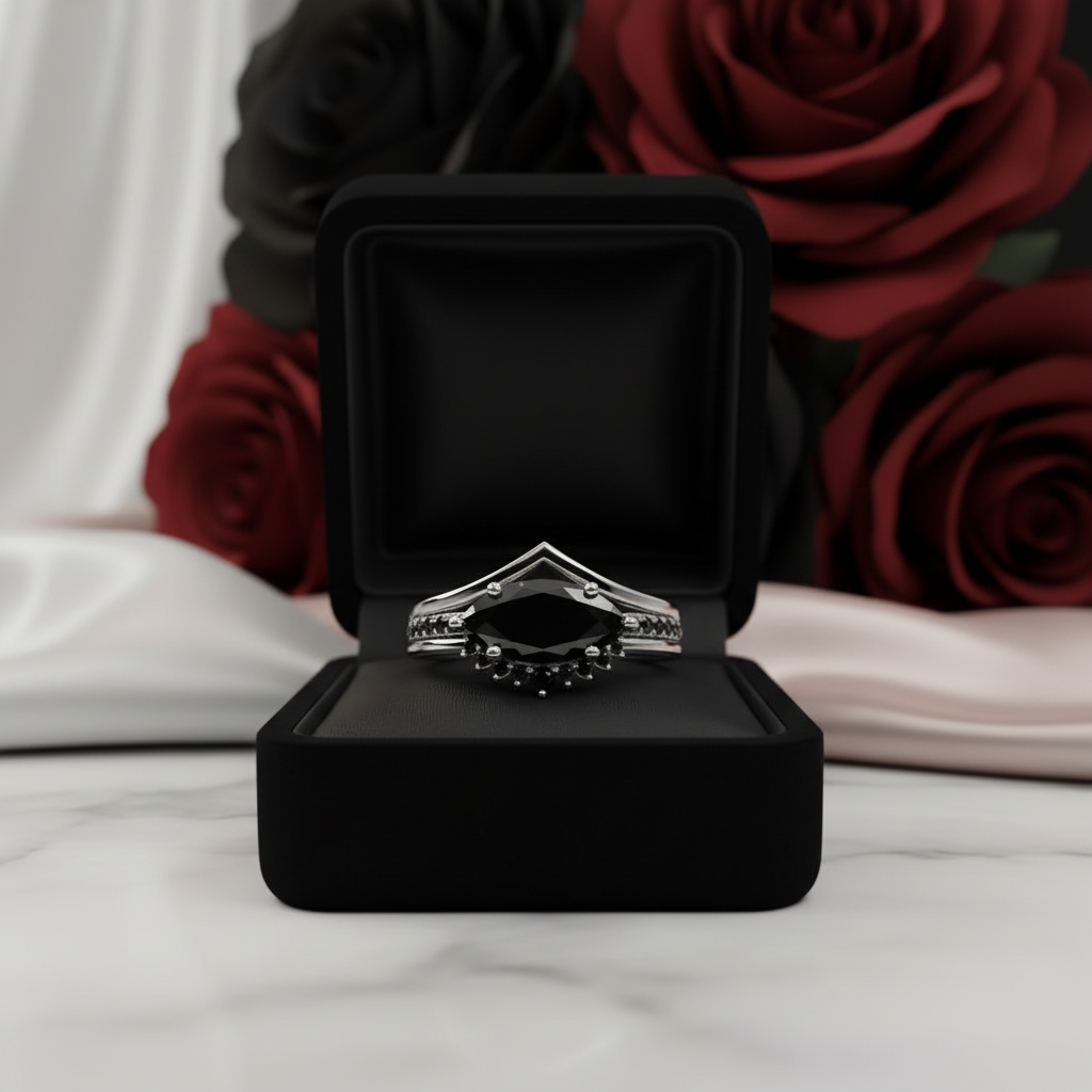 Beautiful In My Eyes- Black Diamond Option Marquise Cut 14K White Gold Gothic Wedding Ring