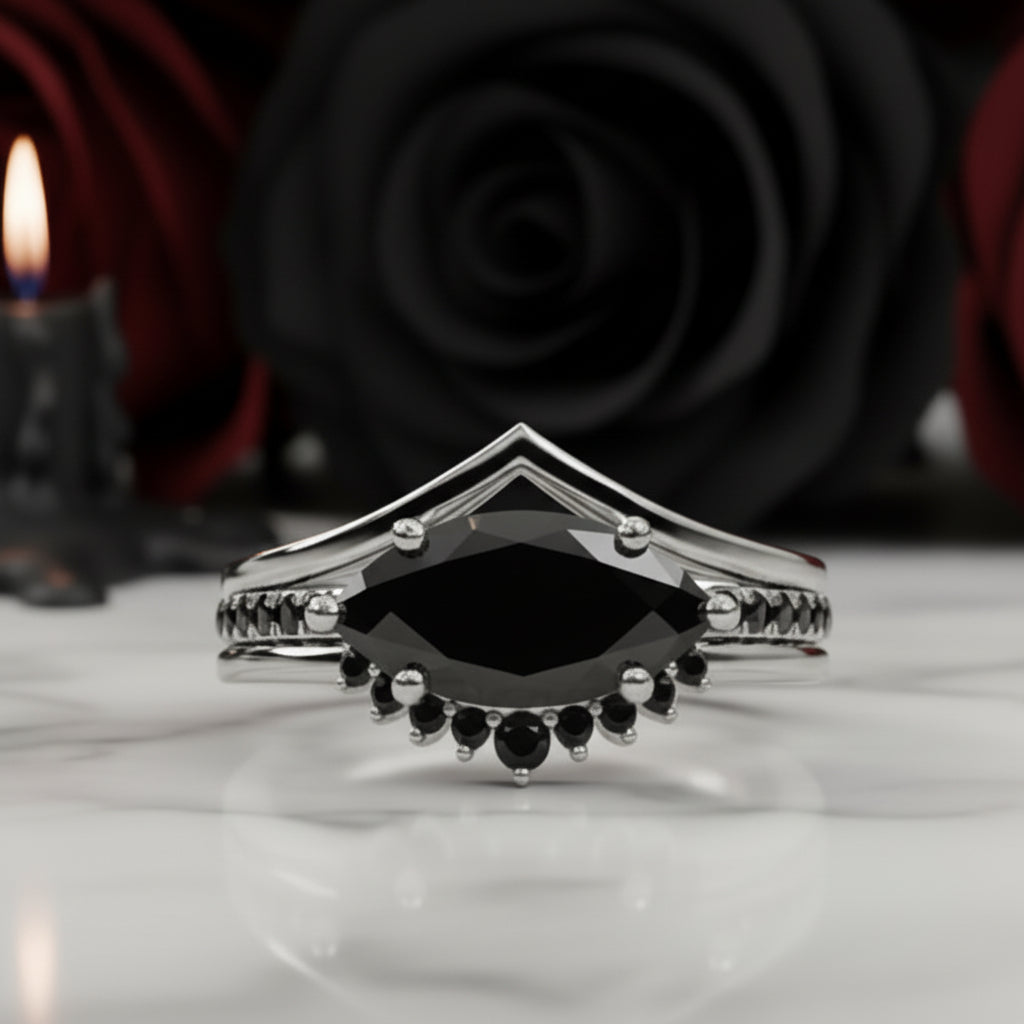 Beautiful In My Eyes- Black Diamond Option Marquise Cut 14K White Gold Gothic Wedding Ring