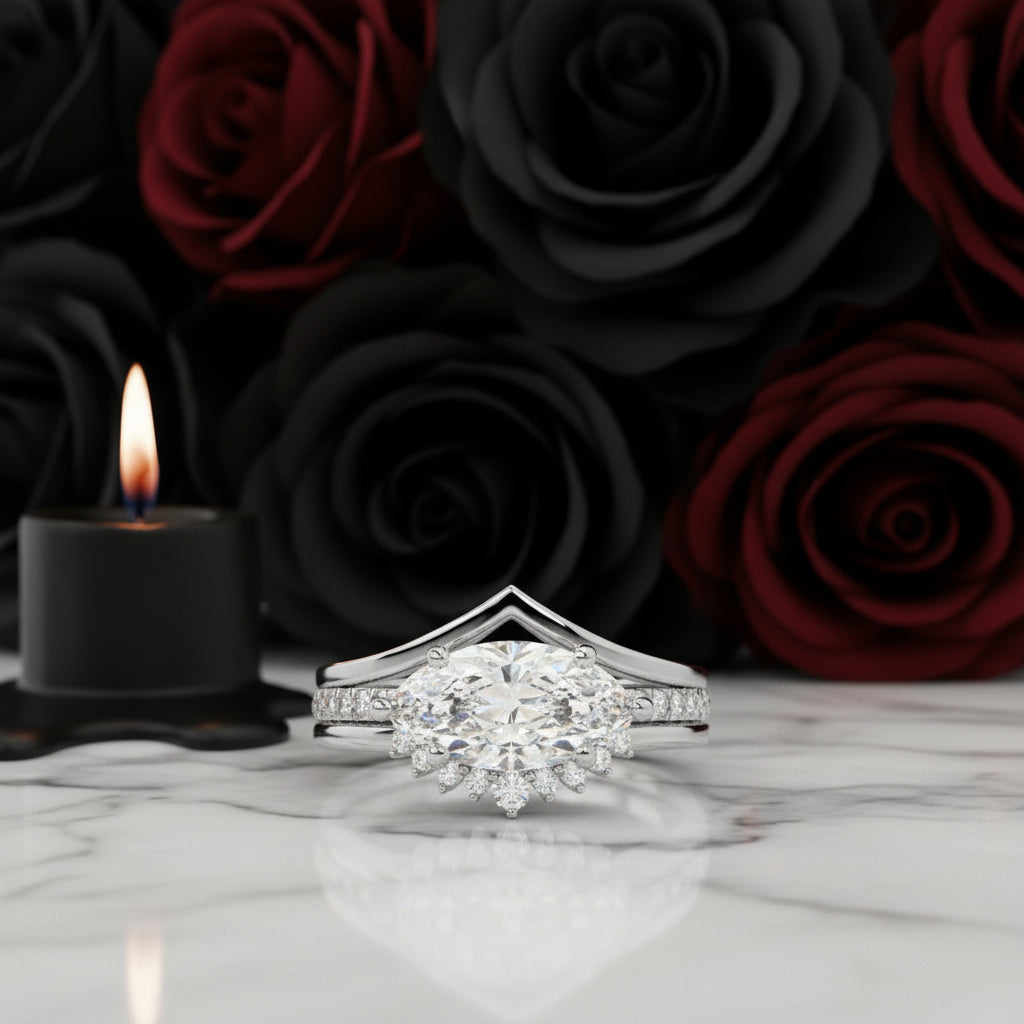 Beautiful In My Eyes- Black Diamond Option Marquise Cut 14K White Gold Gothic Wedding Ring