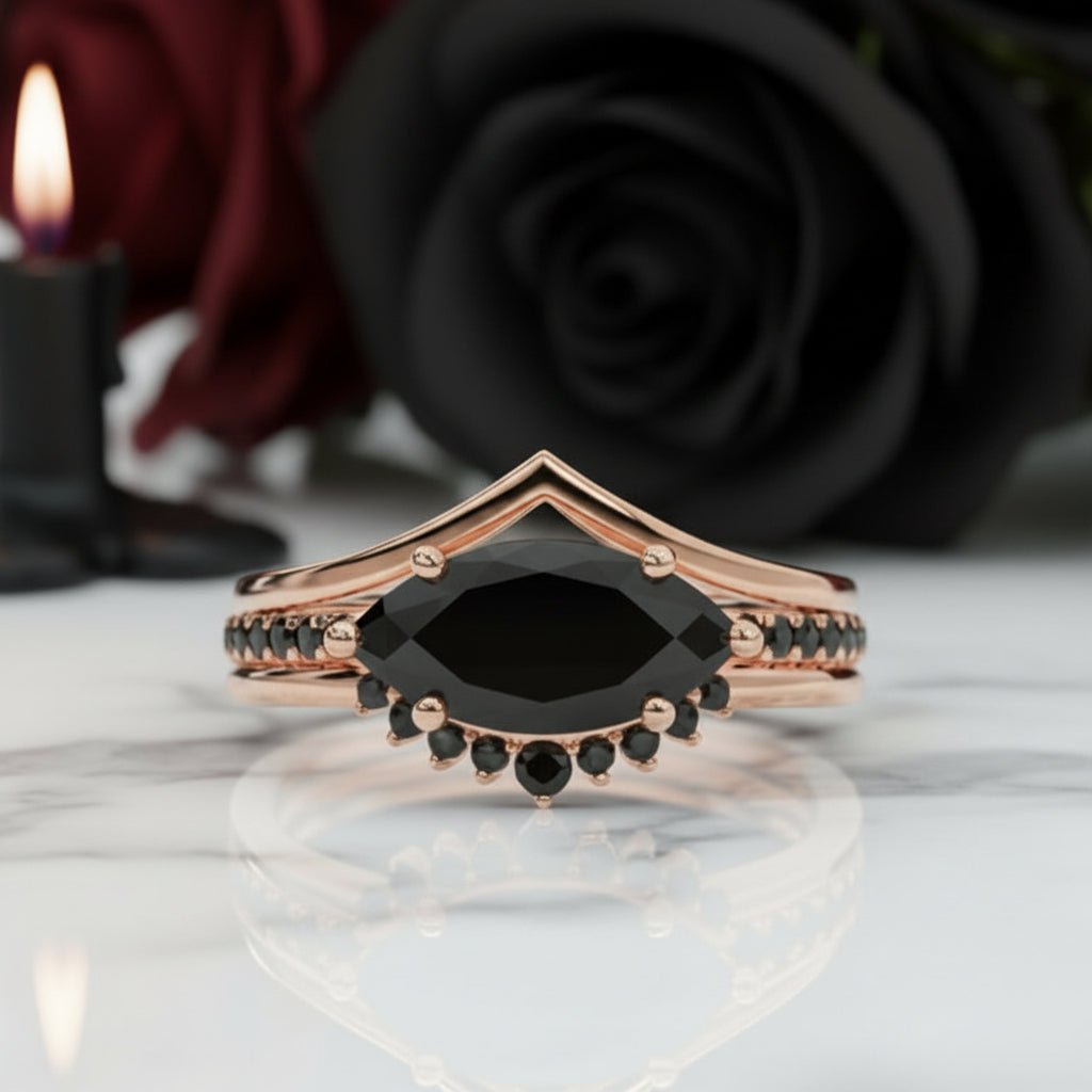 Beautiful In My Eyes- Black Diamond Option Marquise Cut 14K White Gold Gothic Wedding Ring