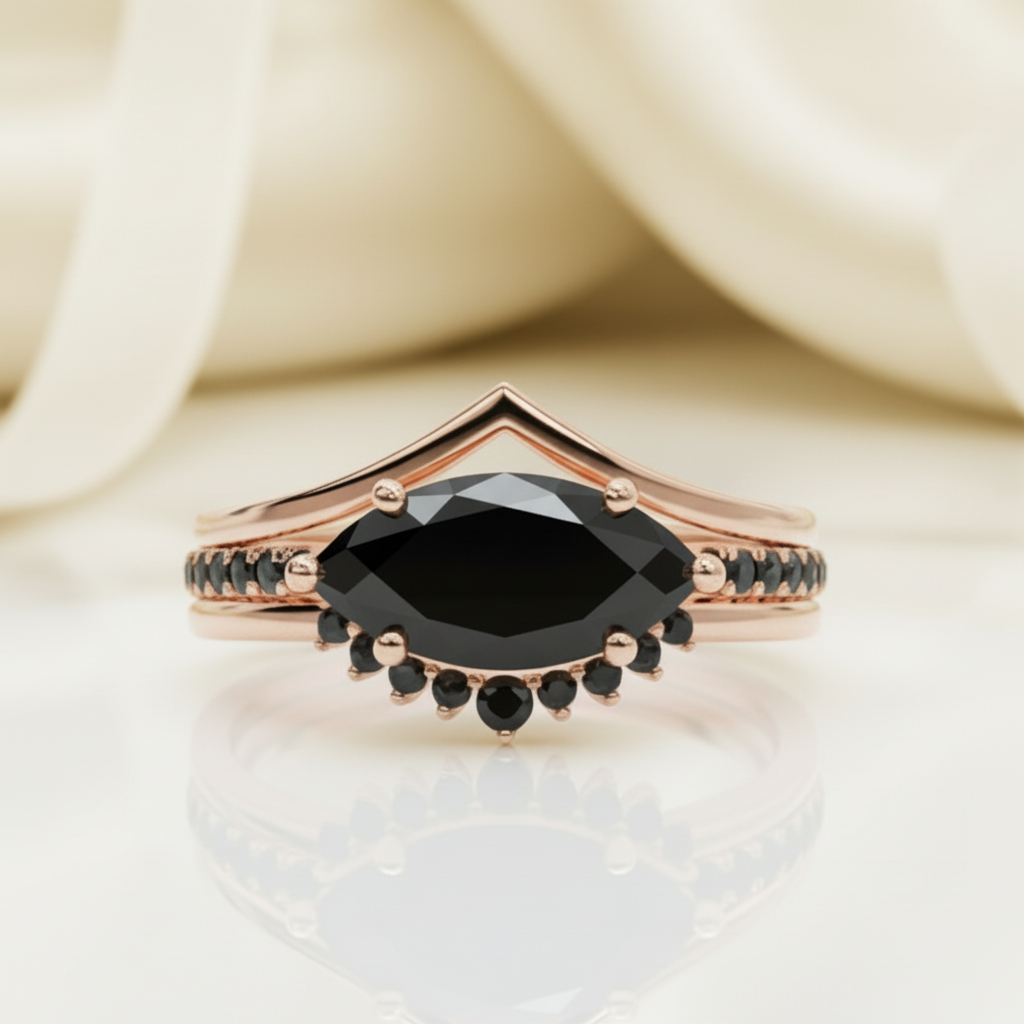 Beautiful In My Eyes- Black Diamond Option Marquise Cut 14K White Gold Gothic Wedding Ring