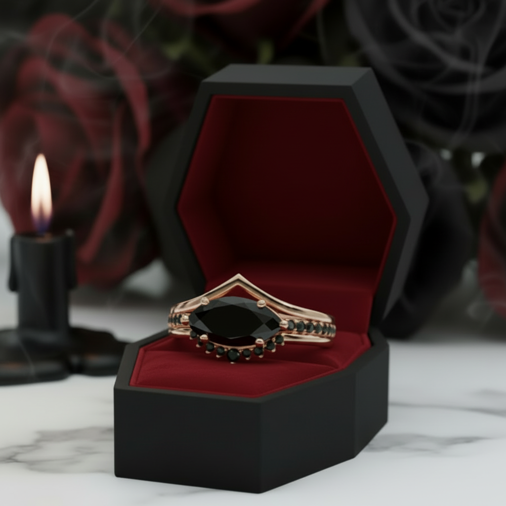 Beautiful In My Eyes- Black Diamond Option Marquise Cut 14K White Gold Gothic Wedding Ring
