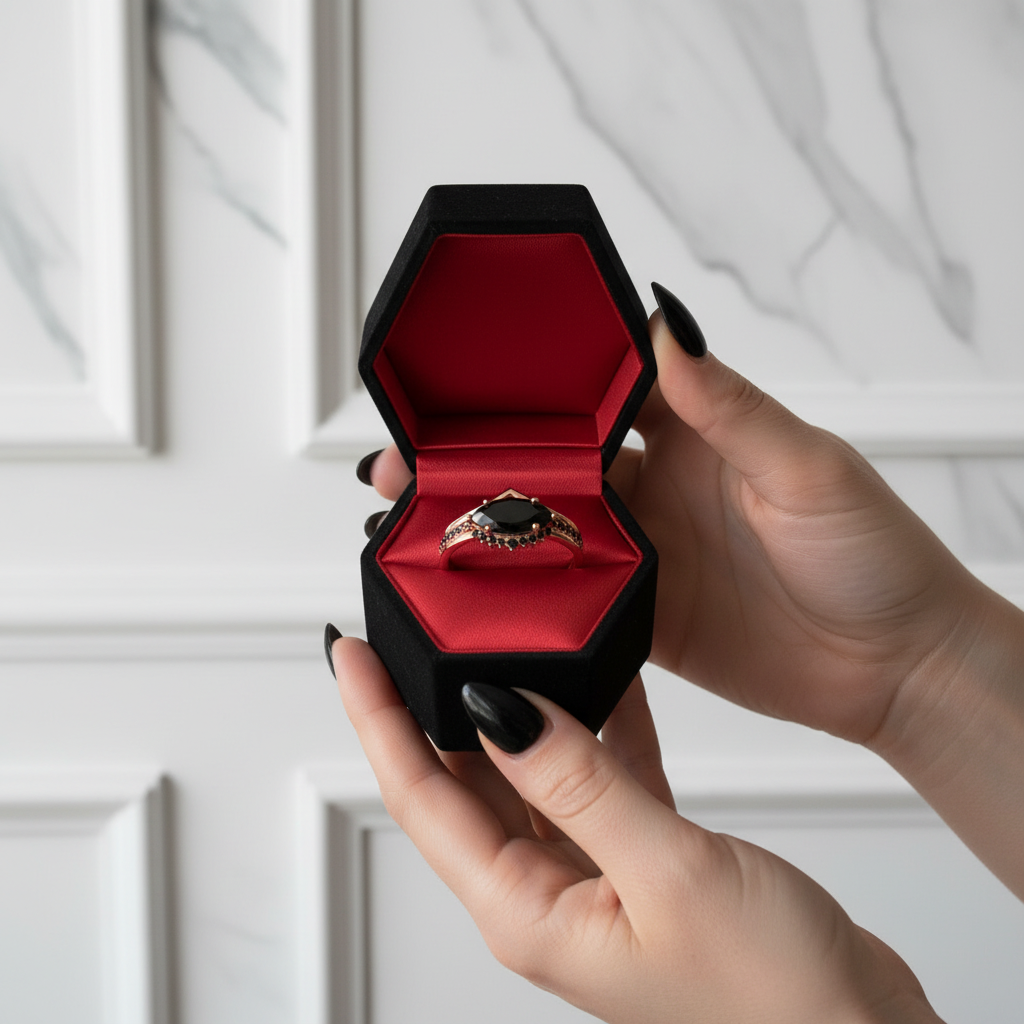 Beautiful In My Eyes- Black Diamond Option Marquise Cut 14K White Gold Gothic Wedding Ring