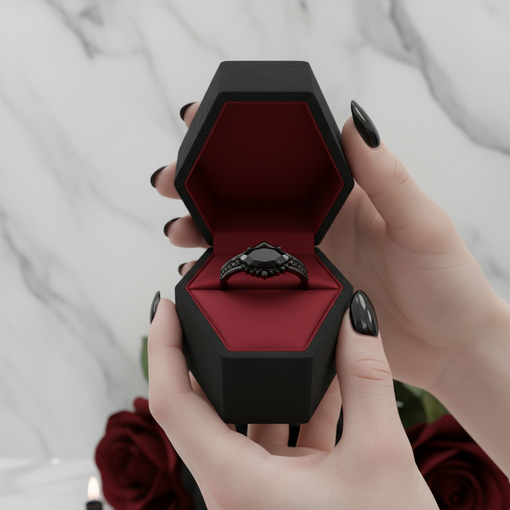 Beautiful In My Eyes- Black Diamond Option Marquise Cut 14K White Gold Gothic Wedding Ring