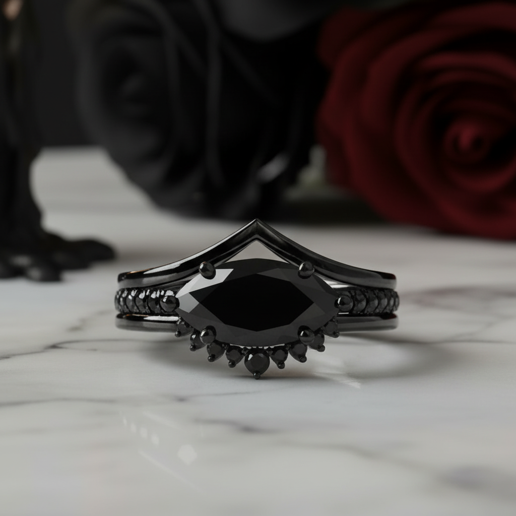 Beautiful In My Eyes- Black Diamond Option Marquise Cut 14K White Gold Gothic Wedding Ring