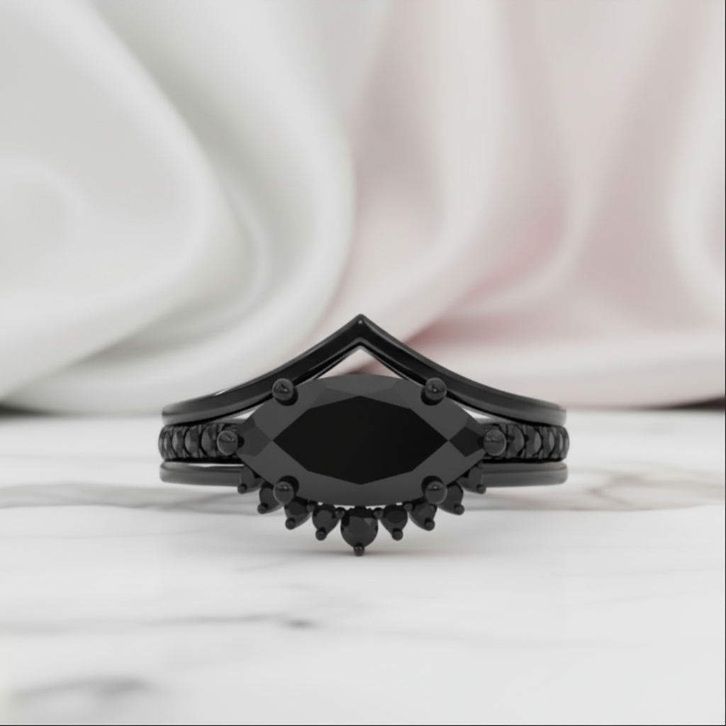Beautiful In My Eyes- Black Diamond Option Marquise Cut 14K White Gold Gothic Wedding Ring