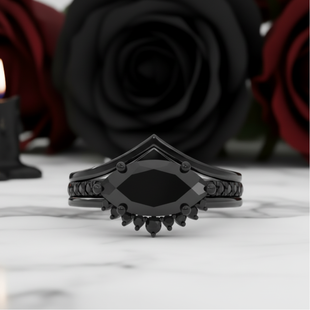 Beautiful In My Eyes- Black Diamond Option Marquise Cut 14K White Gold Gothic Wedding Ring