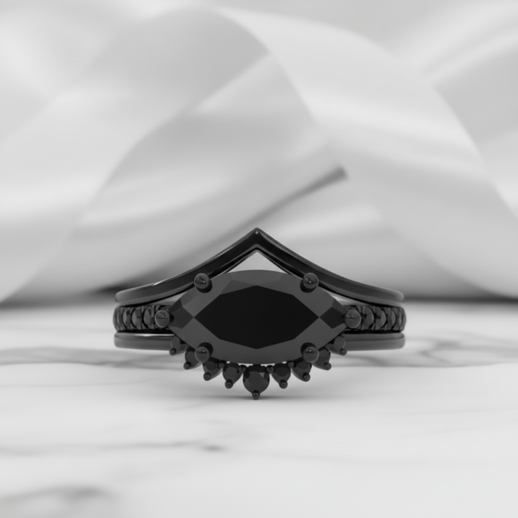 Beautiful In My Eyes- Black Diamond Option Marquise Cut 14K White Gold Gothic Wedding Ring