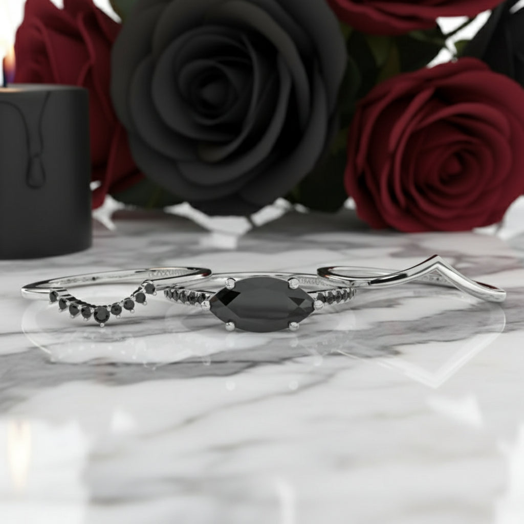 Beautiful In My Eyes- Black Diamond Option Marquise Cut 14K White Gold Gothic Wedding Ring