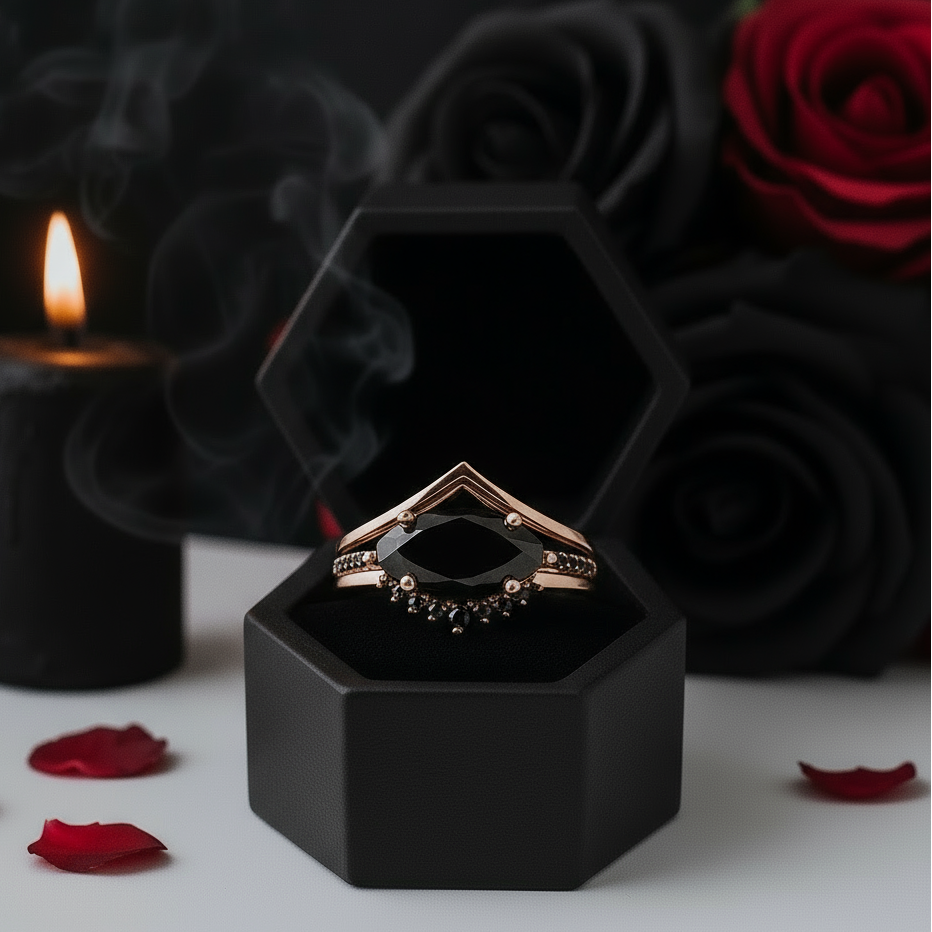 Beautiful In My Eyes- Black Diamond Option Marquise Cut 14K White Gold Gothic Wedding Ring