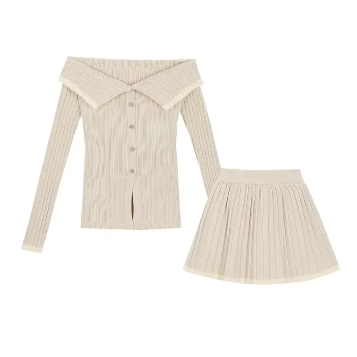 Beige Knit Two-Piece Set – Collared Cardigan & Pleated Skirt
