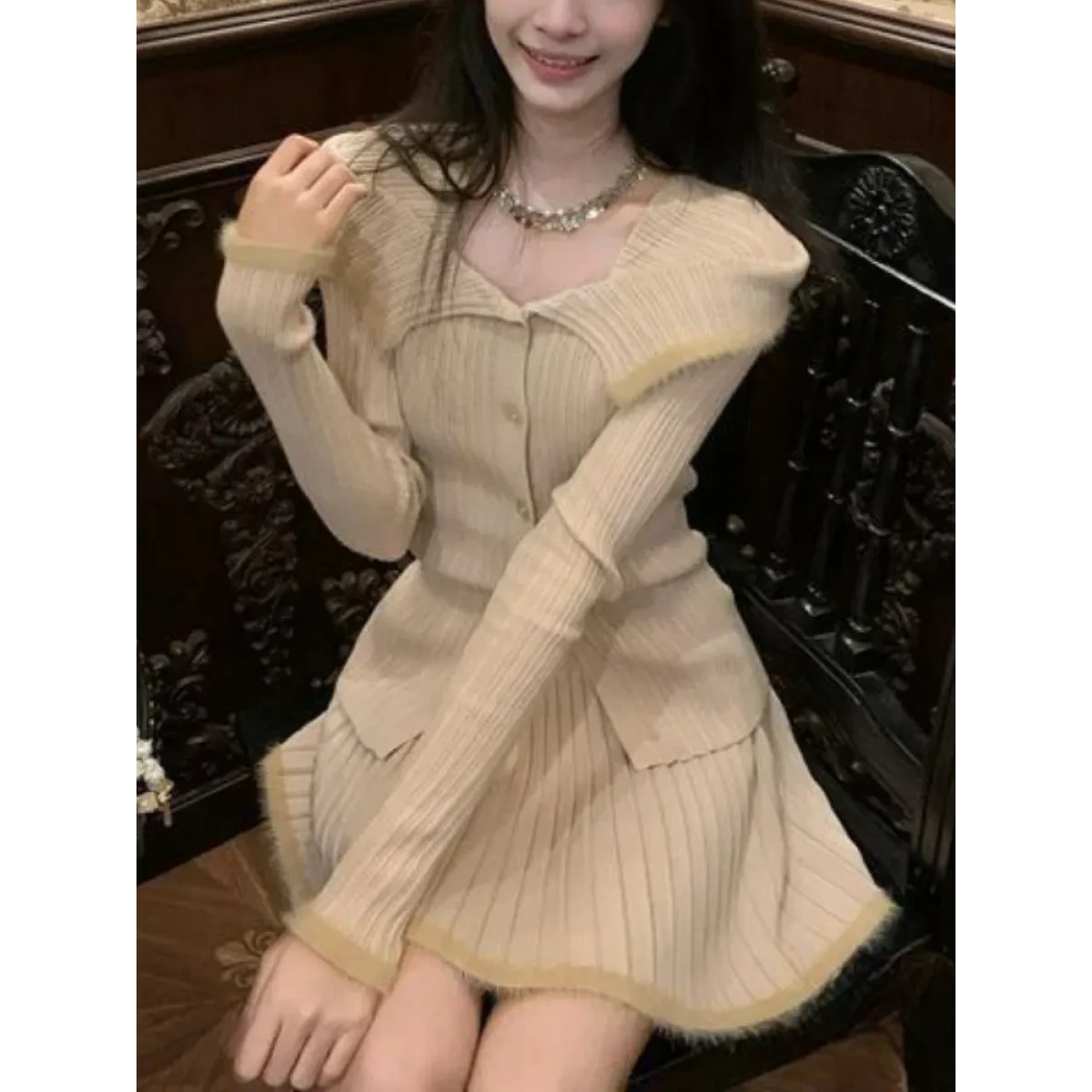 Beige Knit Two-Piece Set – Collared Cardigan & Pleated Skirt