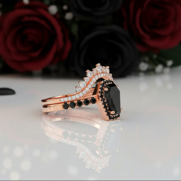 Best Love Rings- Rare Coffin Cut Diamond Option 14k Gold Gothic Ring Set