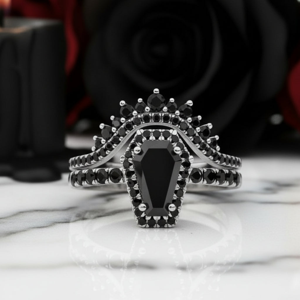 Best Love Rings- Rare Coffin Cut Diamond Option 14k Gold Gothic Ring Set