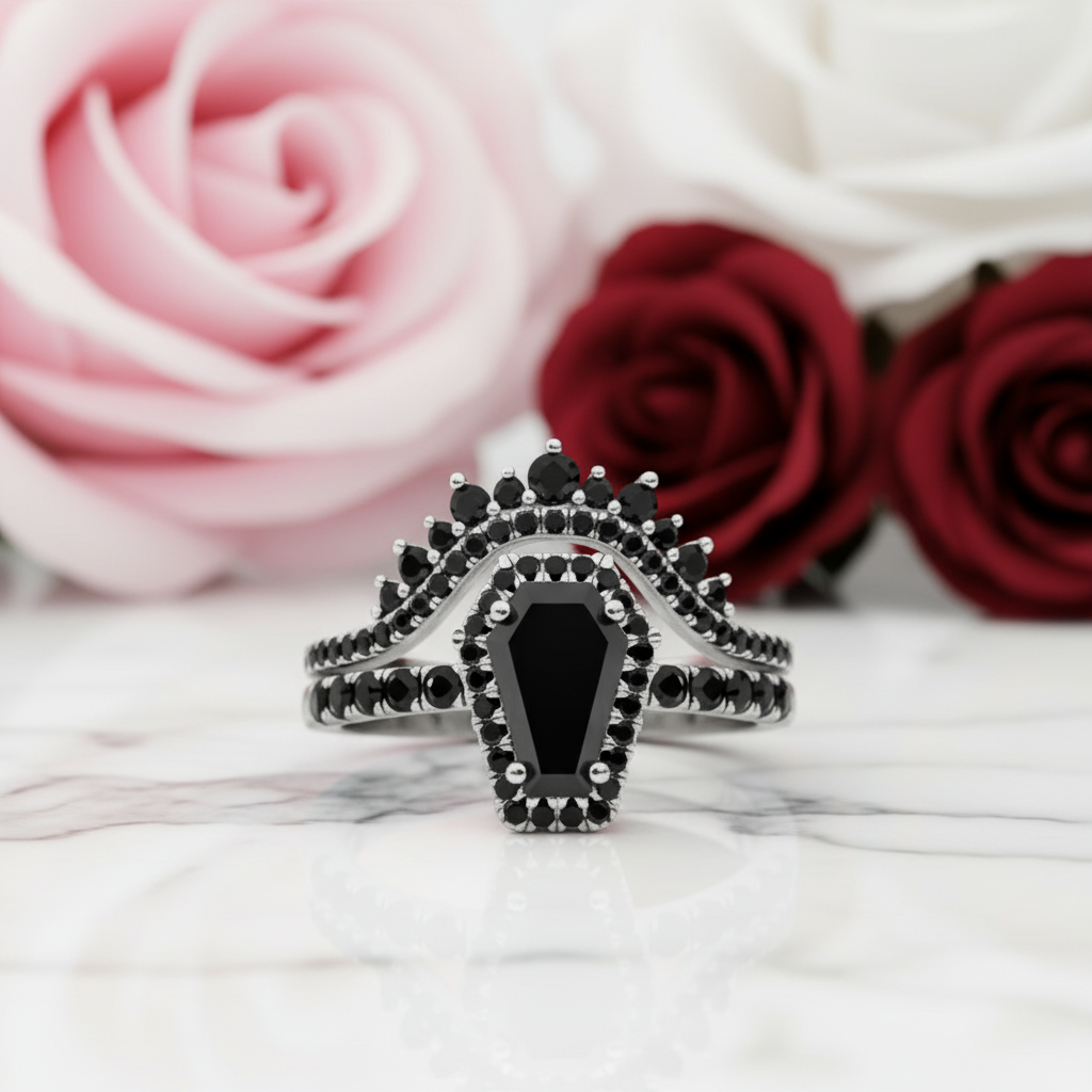 Best Love Rings- Rare Coffin Cut Diamond Option 14k Gold Gothic Ring Set