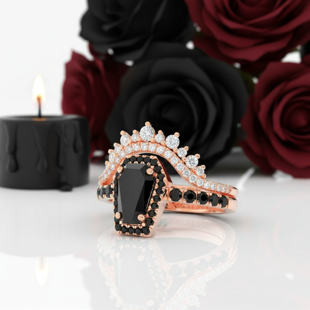 Best Love Rings- Rare Coffin Cut Diamond Option 14k Gold Gothic Ring Set