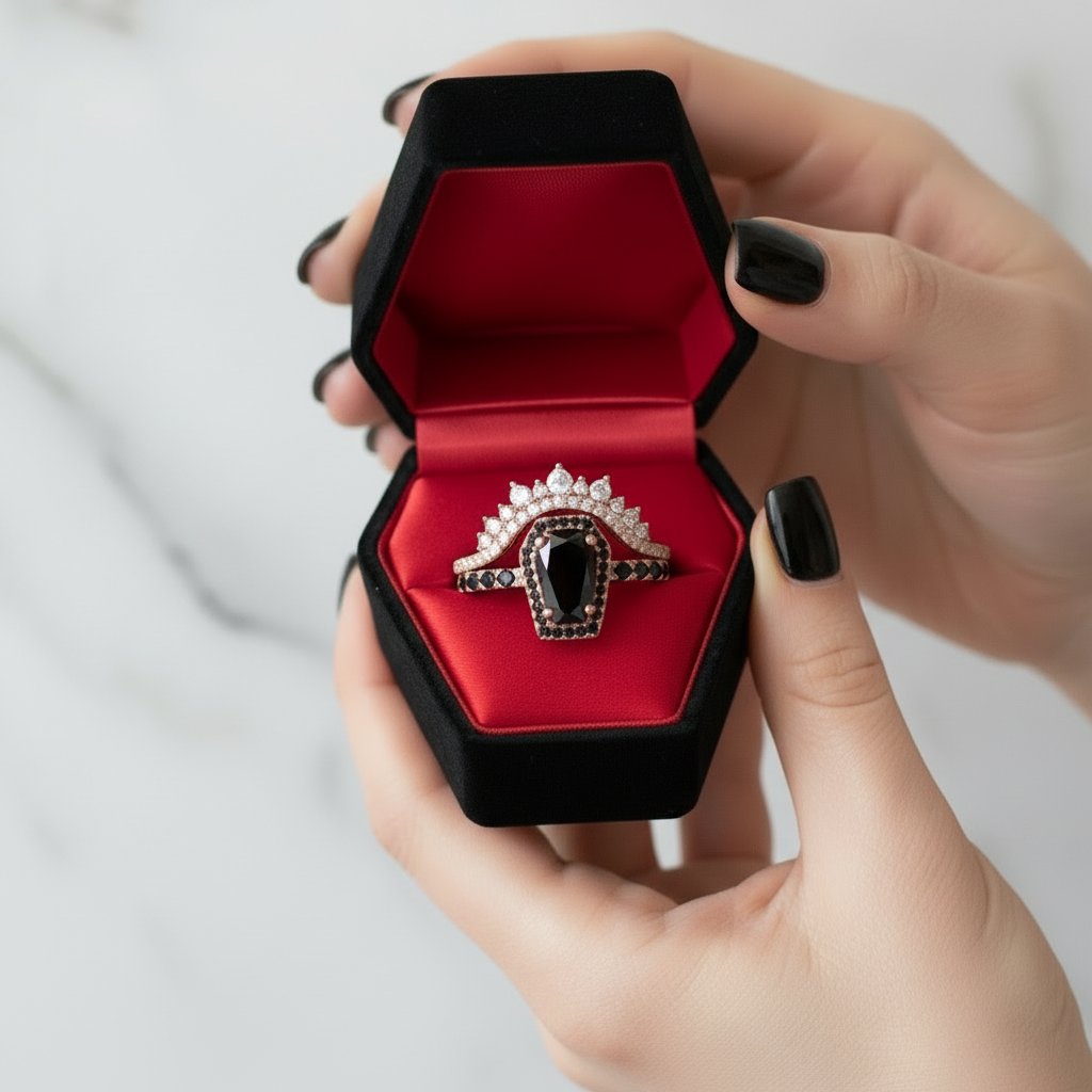 Best Love Rings- Rare Coffin Cut Diamond Option 14k Gold Gothic Ring Set